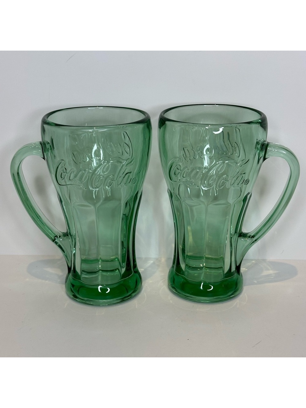 Vintage Coca Cola Emerald Glass Mug Pair